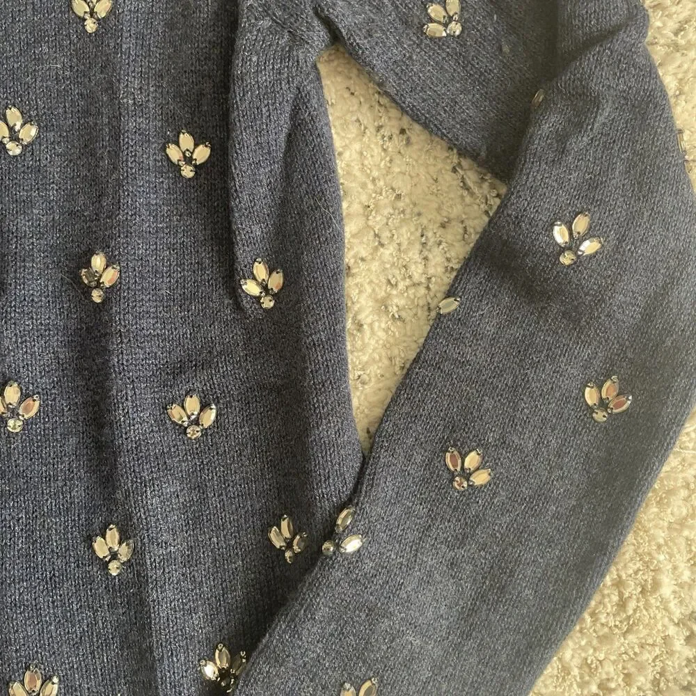 Joie Embellished Navy Blue Wool Cashmere Blend Sweater Size XS Holiday Sparkle